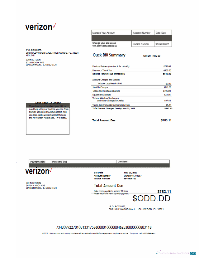 download download USA Verizon utility bill template in Word and PDF formats, version 2 PDF template PDF template